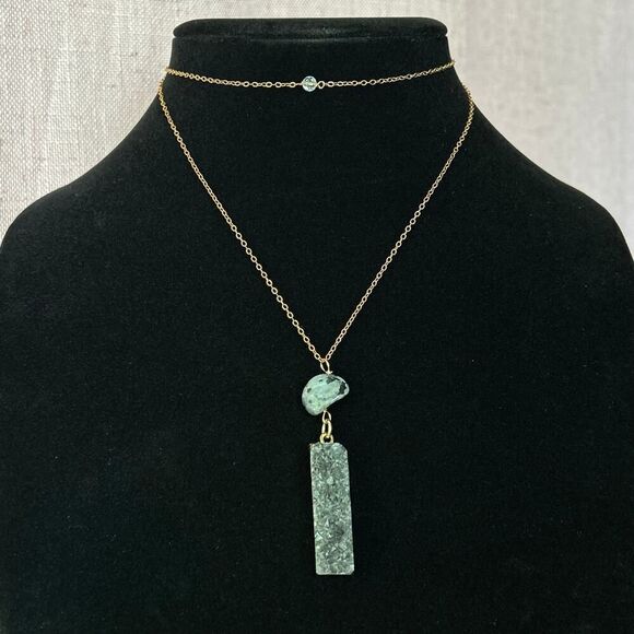 Vintage Feldspar Quartz Bead and Rectangle Bar Pendant on a 28” Chain - Picture 1 of 7